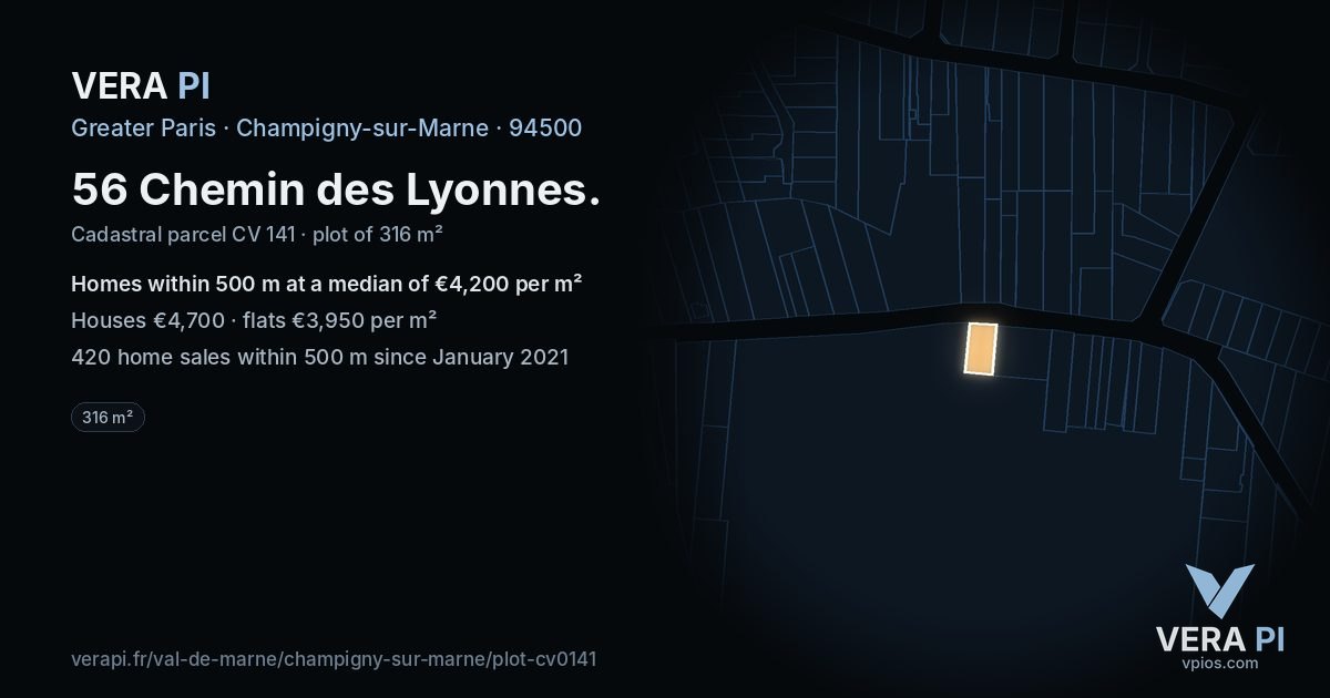 56 Chemin des Lyonnes, Champigny-sur-Marne at night – the plot lit, the parcels around coloured by the prices near them
