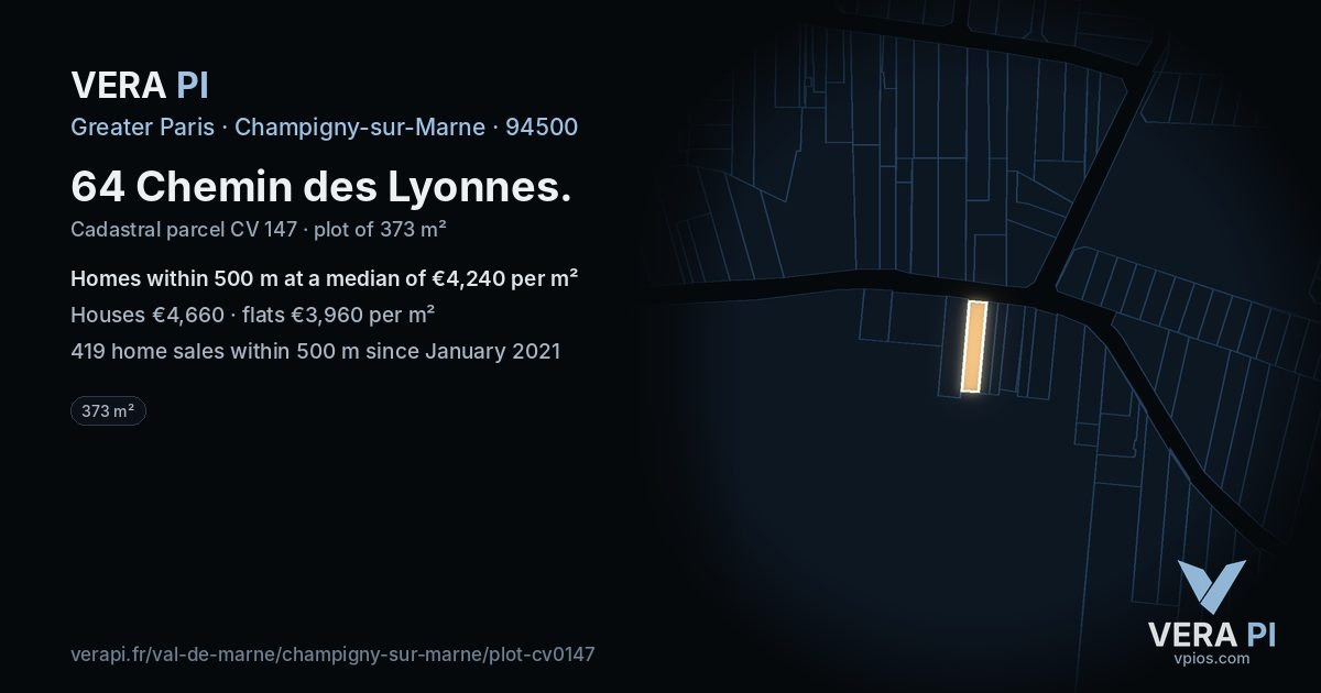 64 Chemin des Lyonnes, Champigny-sur-Marne at night – the plot lit, the parcels around coloured by the prices near them