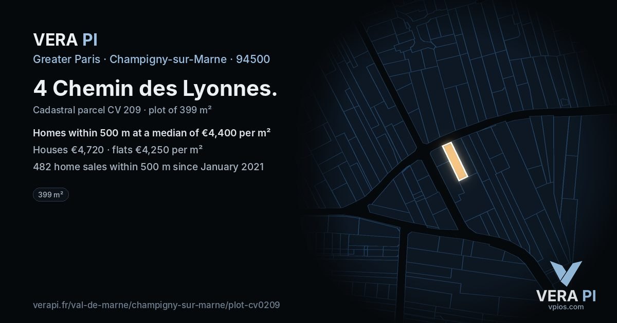 4 Chemin des Lyonnes, Champigny-sur-Marne at night – the plot lit, the parcels around coloured by the prices near them