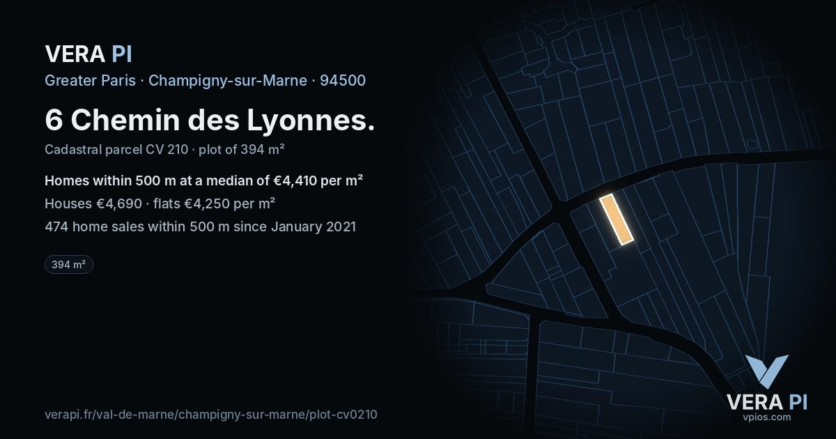 6 Chemin des Lyonnes, Champigny-sur-Marne at night – the plot lit, the parcels around coloured by the prices near them
