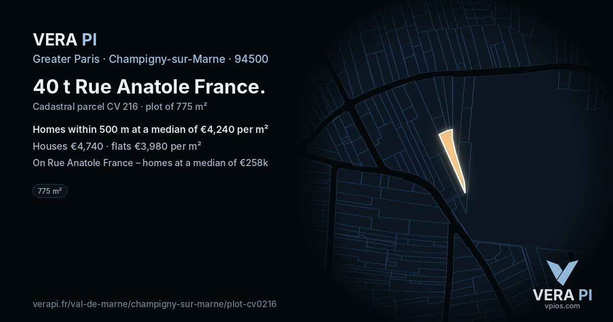 40 t Rue Anatole France, Champigny-sur-Marne at night – the plot lit, the parcels around coloured by the prices near them