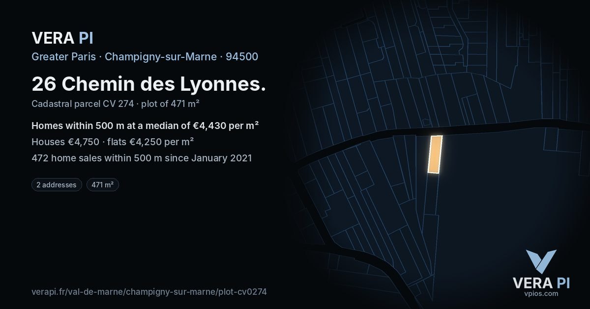 26 Chemin des Lyonnes, Champigny-sur-Marne at night – the plot lit, the parcels around coloured by the prices near them