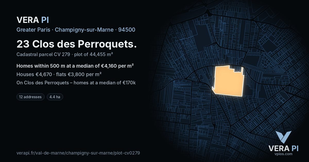 23 Clos des Perroquets, Champigny-sur-Marne at night – the plot lit, the parcels around coloured by the prices near them