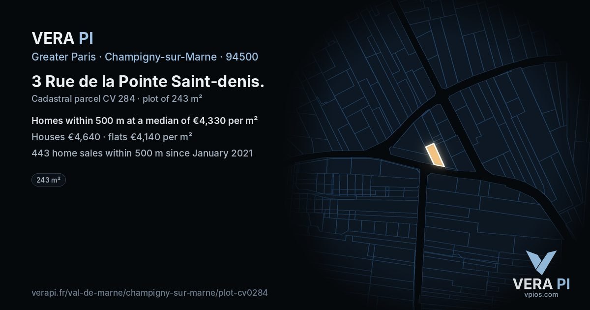 3 Rue de la Pointe Saint-denis, Champigny-sur-Marne at night – the plot lit, the parcels around coloured by the prices near them