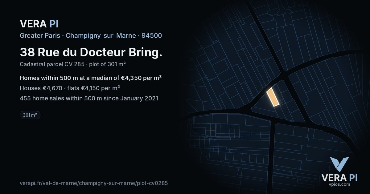 38 Rue du Docteur Bring, Champigny-sur-Marne at night – the plot lit, the parcels around coloured by the prices near them
