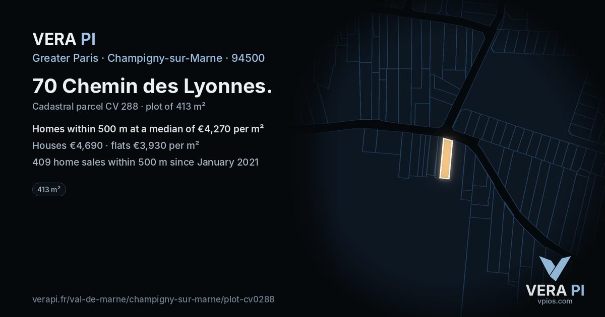 70 Chemin des Lyonnes, Champigny-sur-Marne at night – the plot lit, the parcels around coloured by the prices near them