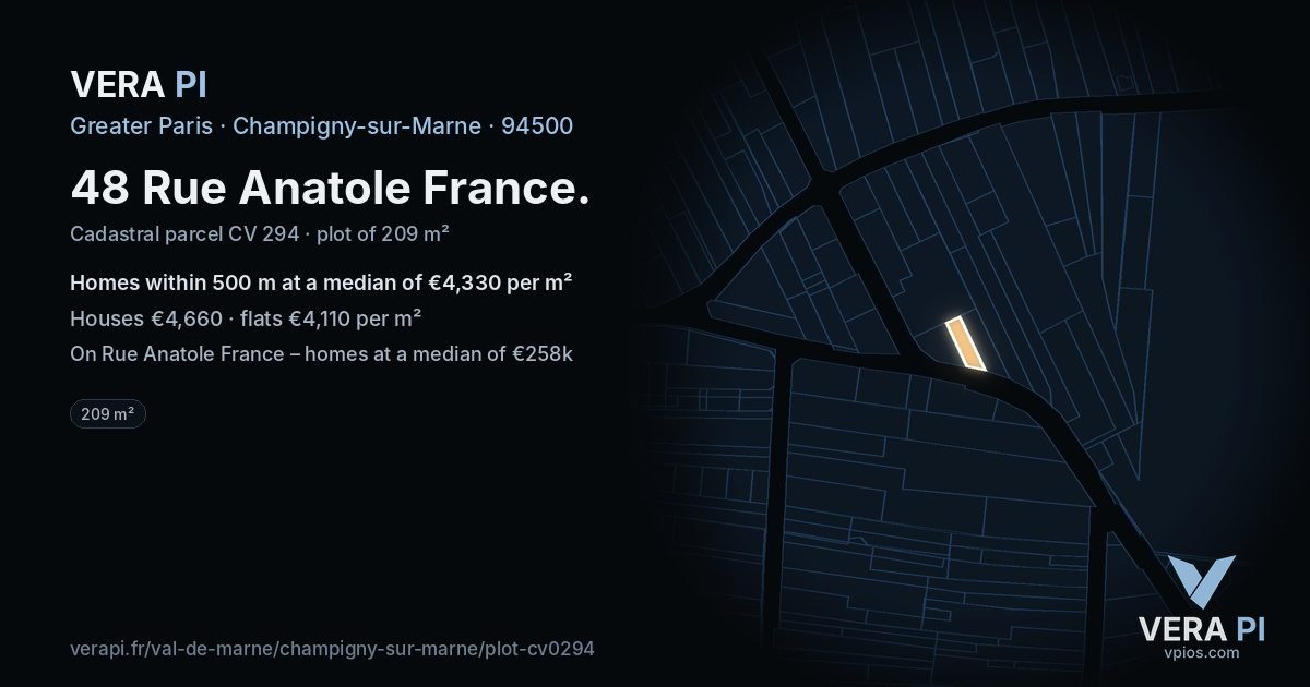 48 Rue Anatole France, Champigny-sur-Marne at night – the plot lit, the parcels around coloured by the prices near them