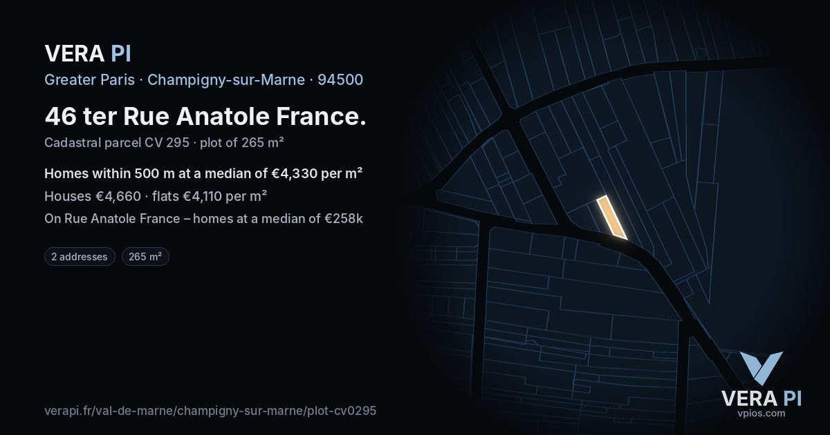 46 ter Rue Anatole France, Champigny-sur-Marne at night – the plot lit, the parcels around coloured by the prices near them