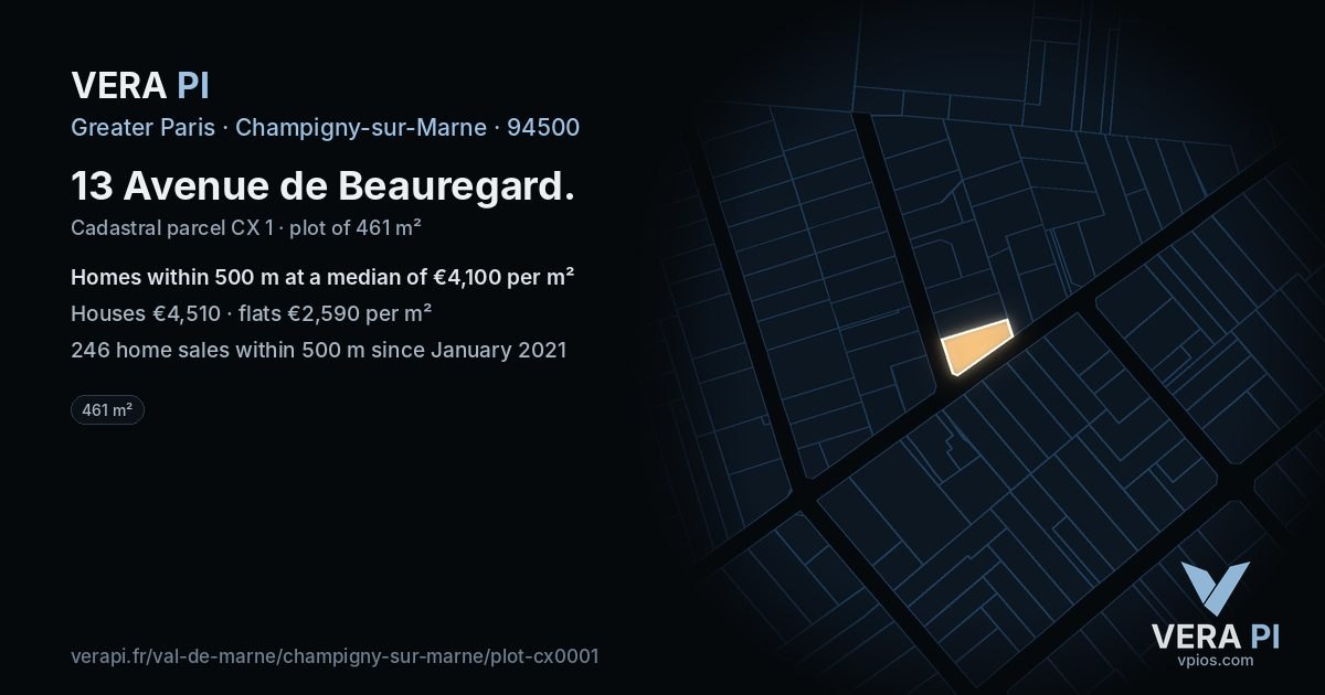 13 Avenue de Beauregard, Champigny-sur-Marne at night – the plot lit, the parcels around coloured by the prices near them