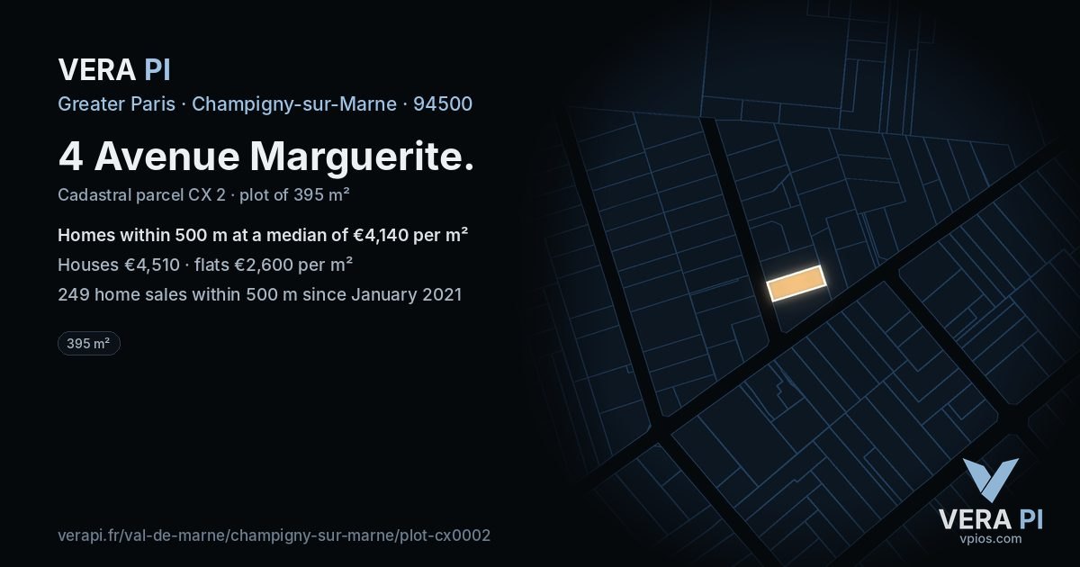 4 Avenue Marguerite, Champigny-sur-Marne at night – the plot lit, the parcels around coloured by the prices near them
