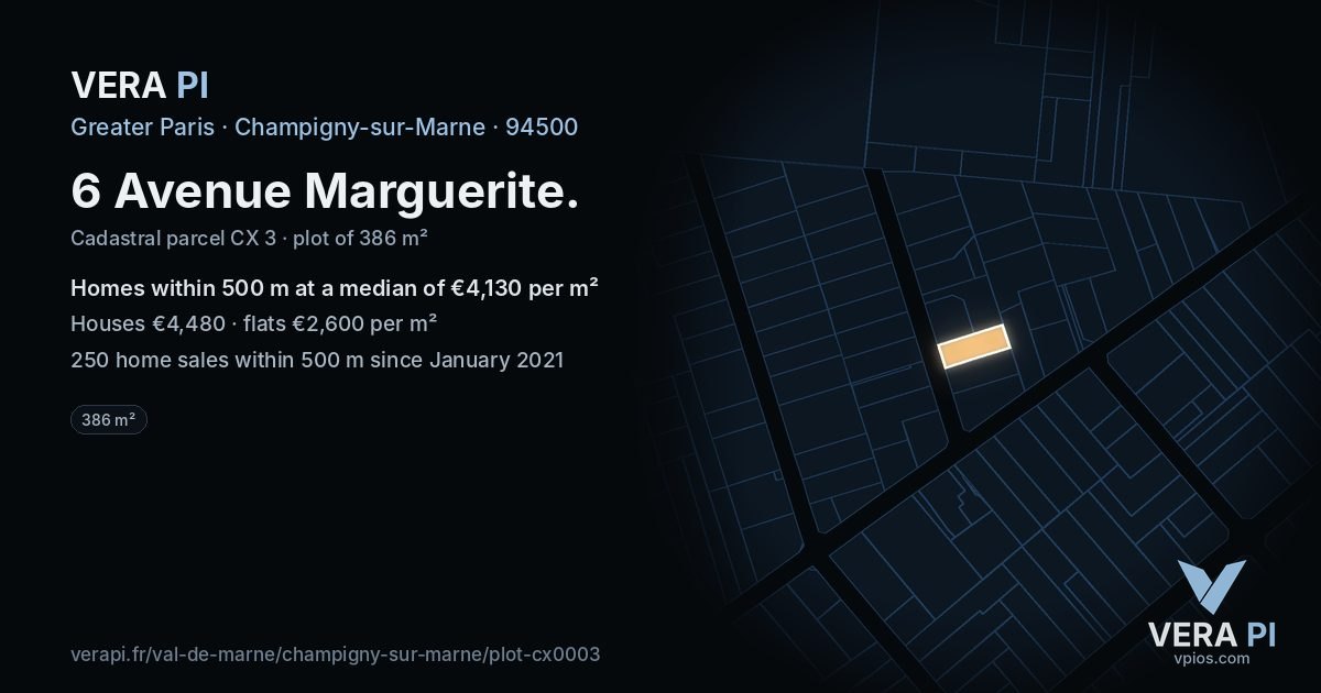 6 Avenue Marguerite, Champigny-sur-Marne at night – the plot lit, the parcels around coloured by the prices near them
