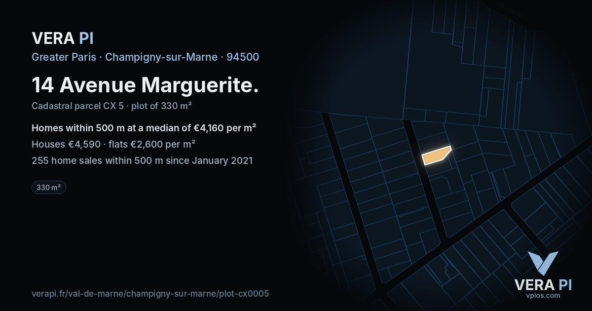 14 Avenue Marguerite, Champigny-sur-Marne at night – the plot lit, the parcels around coloured by the prices near them