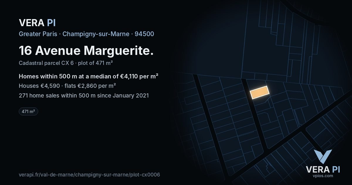 16 Avenue Marguerite, Champigny-sur-Marne at night – the plot lit, the parcels around coloured by the prices near them