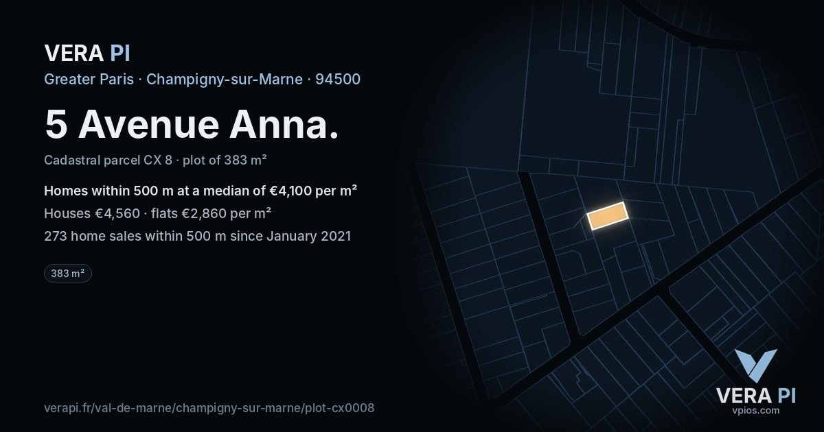 5 Avenue Anna, Champigny-sur-Marne at night – the plot lit, the parcels around coloured by the prices near them