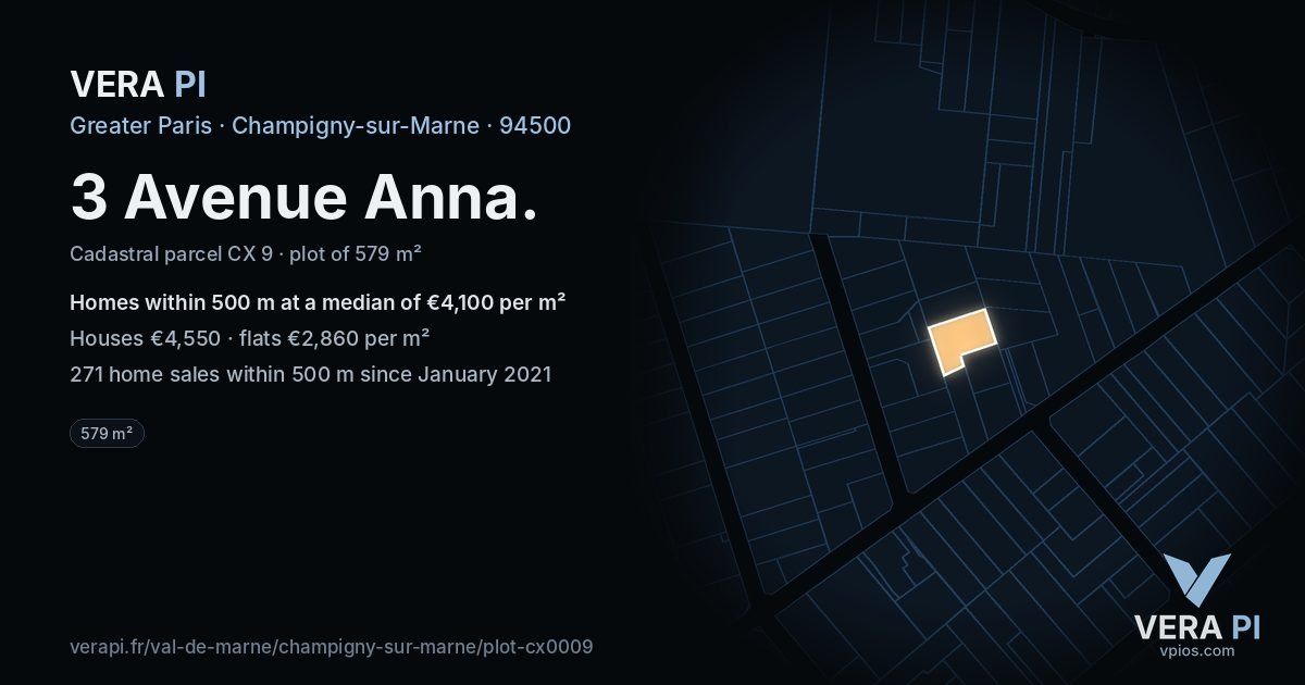 3 Avenue Anna, Champigny-sur-Marne at night – the plot lit, the parcels around coloured by the prices near them