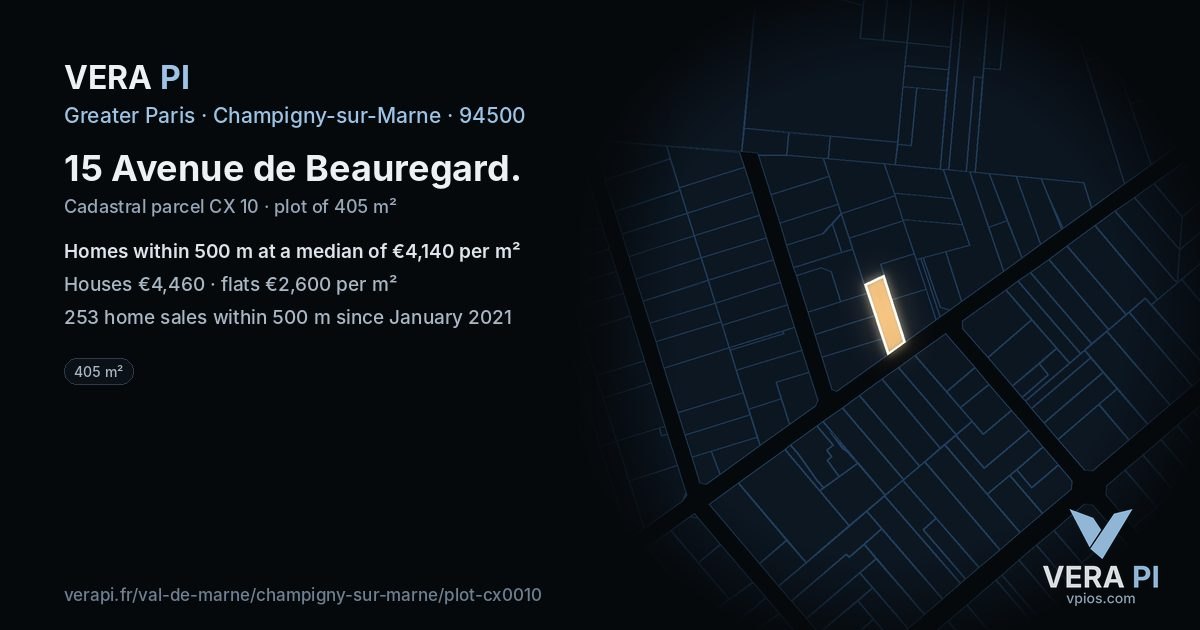 15 Avenue de Beauregard, Champigny-sur-Marne at night – the plot lit, the parcels around coloured by the prices near them