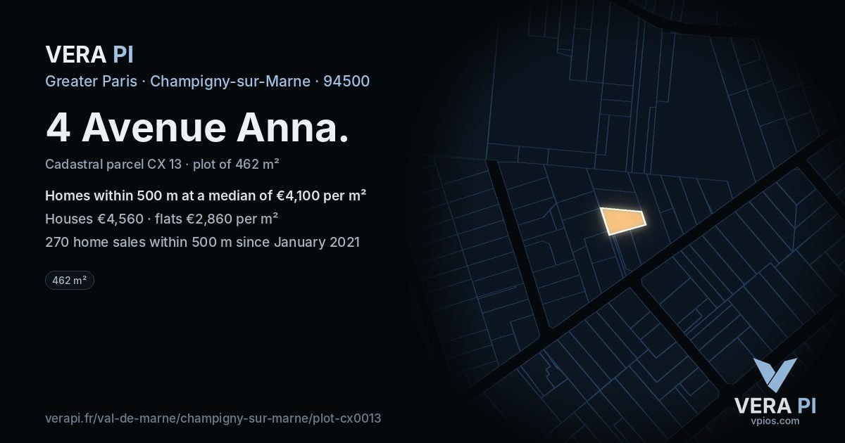 4 Avenue Anna, Champigny-sur-Marne at night – the plot lit, the parcels around coloured by the prices near them
