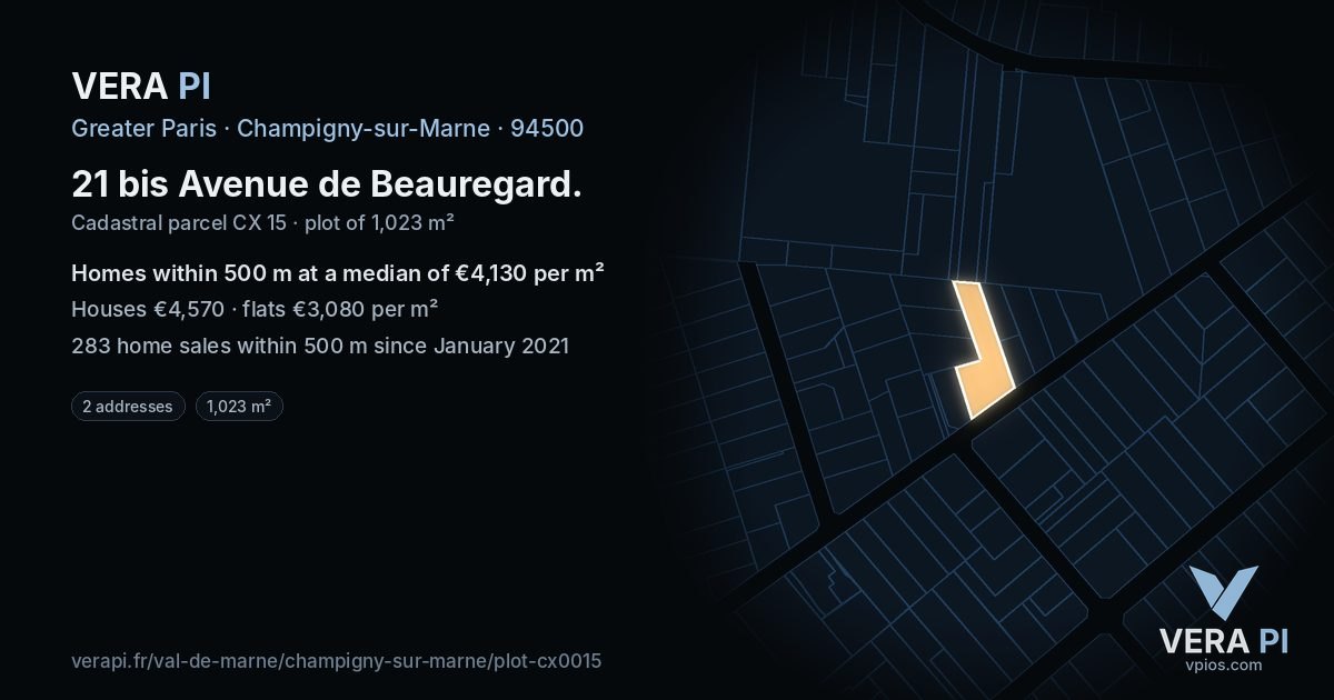 21 bis Avenue de Beauregard, Champigny-sur-Marne at night – the plot lit, the parcels around coloured by the prices near them