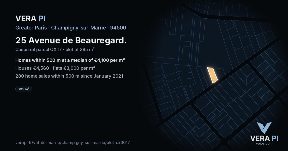 25 Avenue de Beauregard, Champigny-sur-Marne at night – the plot lit, the parcels around coloured by the prices near them