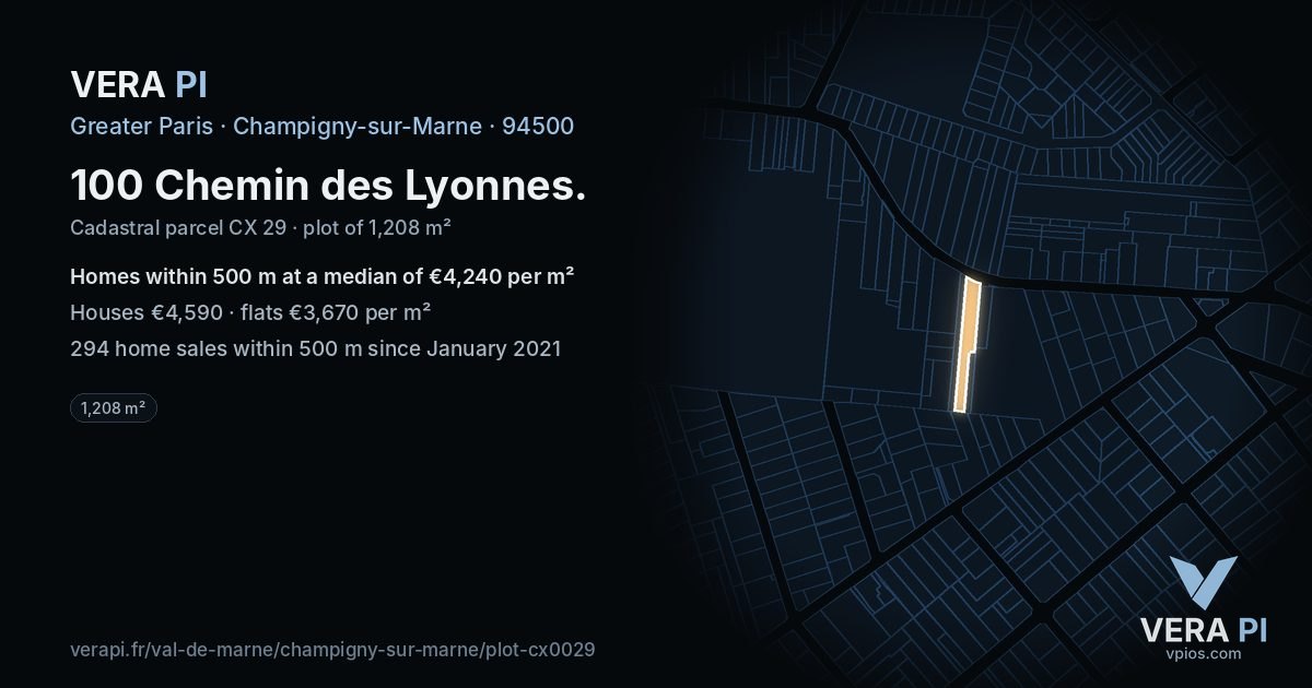100 Chemin des Lyonnes, Champigny-sur-Marne at night – the plot lit, the parcels around coloured by the prices near them