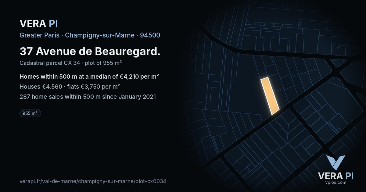 37 Avenue de Beauregard, Champigny-sur-Marne at night – the plot lit, the parcels around coloured by the prices near them