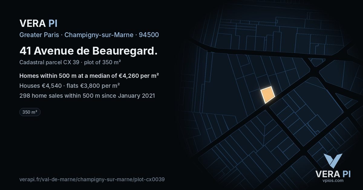 41 Avenue de Beauregard, Champigny-sur-Marne at night – the plot lit, the parcels around coloured by the prices near them