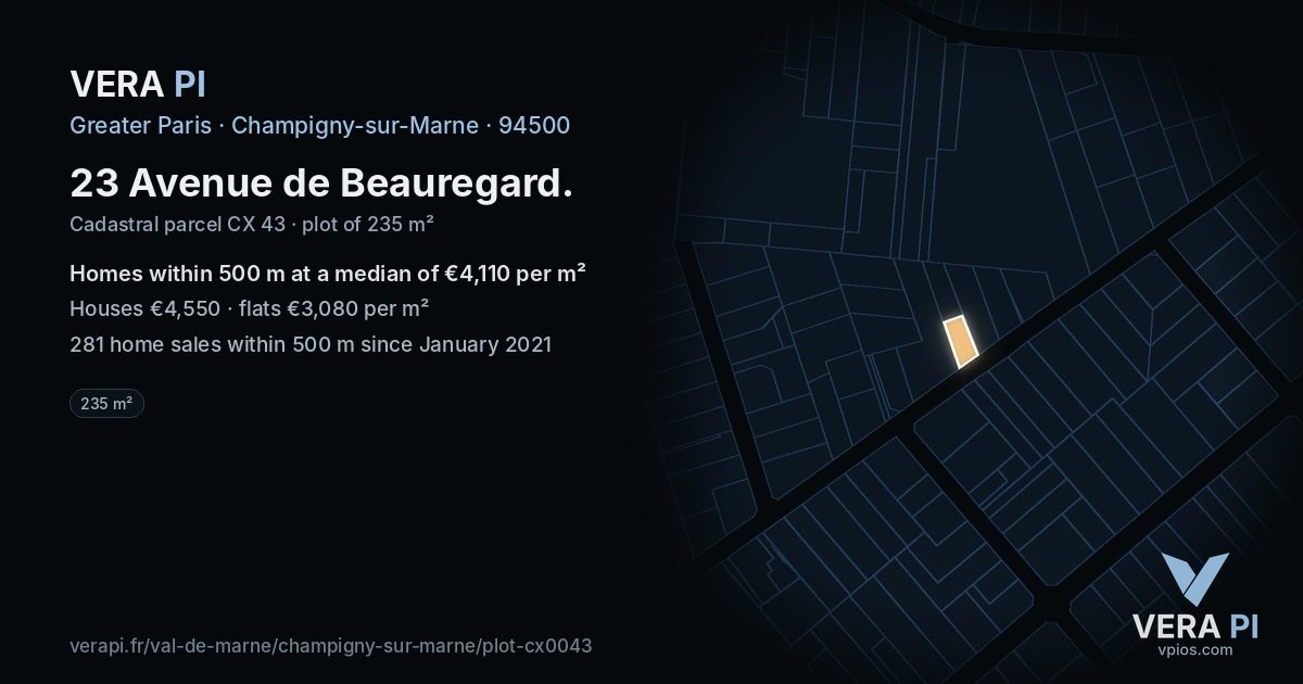 23 Avenue de Beauregard, Champigny-sur-Marne at night – the plot lit, the parcels around coloured by the prices near them