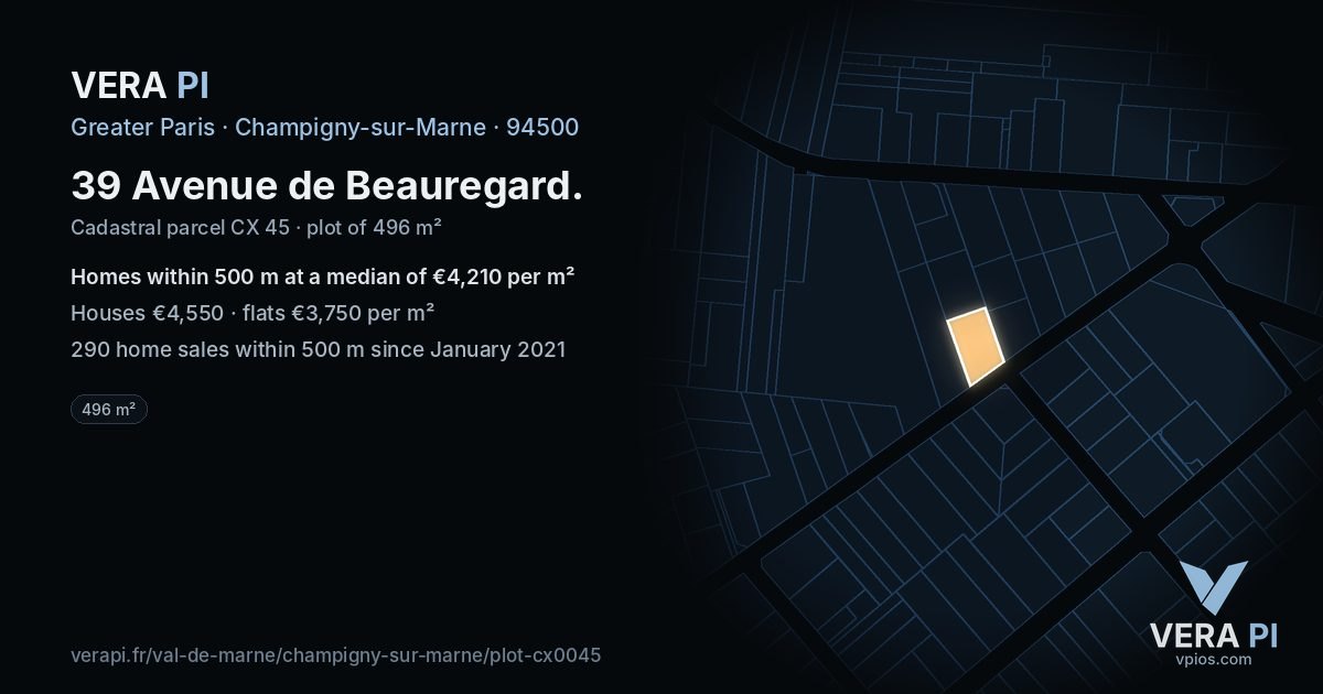 39 Avenue de Beauregard, Champigny-sur-Marne at night – the plot lit, the parcels around coloured by the prices near them