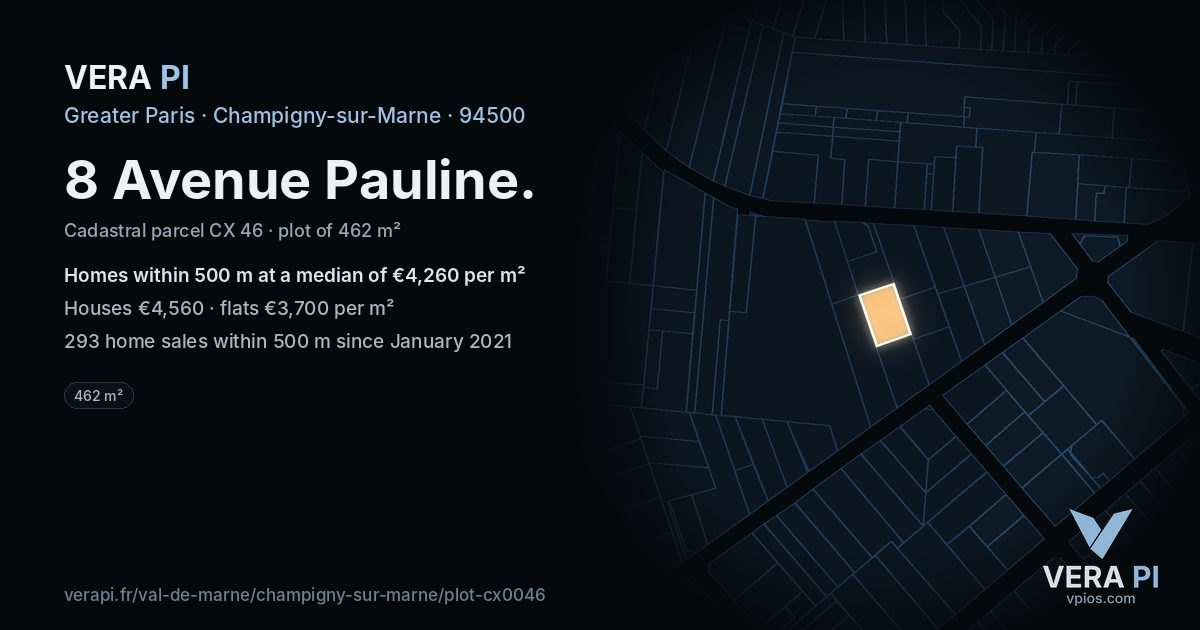 8 Avenue Pauline, Champigny-sur-Marne at night – the plot lit, the parcels around coloured by the prices near them