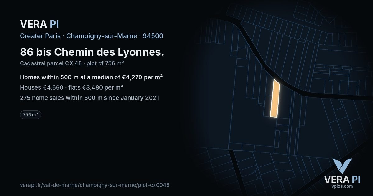 86 bis Chemin des Lyonnes, Champigny-sur-Marne at night – the plot lit, the parcels around coloured by the prices near them