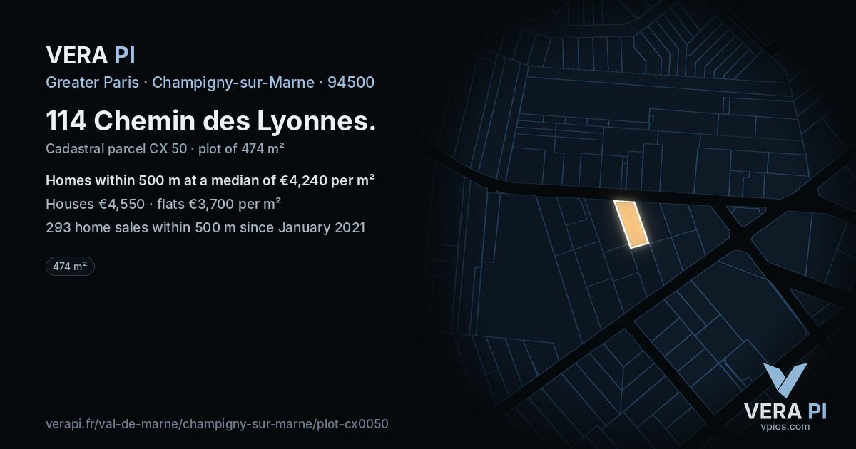 114 Chemin des Lyonnes, Champigny-sur-Marne at night – the plot lit, the parcels around coloured by the prices near them