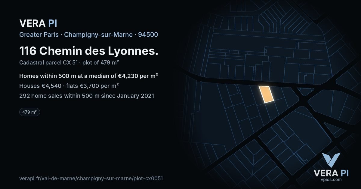 116 Chemin des Lyonnes, Champigny-sur-Marne at night – the plot lit, the parcels around coloured by the prices near them