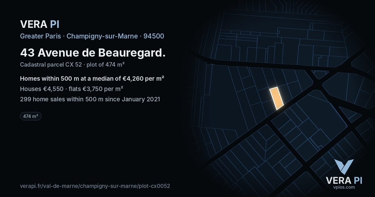 43 Avenue de Beauregard, Champigny-sur-Marne at night – the plot lit, the parcels around coloured by the prices near them