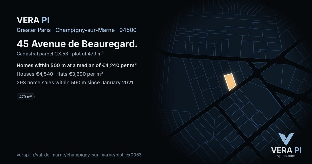 45 Avenue de Beauregard, Champigny-sur-Marne at night – the plot lit, the parcels around coloured by the prices near them