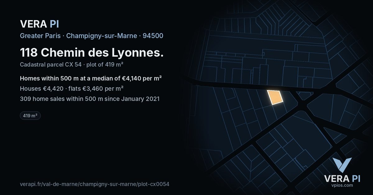 118 Chemin des Lyonnes, Champigny-sur-Marne at night – the plot lit, the parcels around coloured by the prices near them