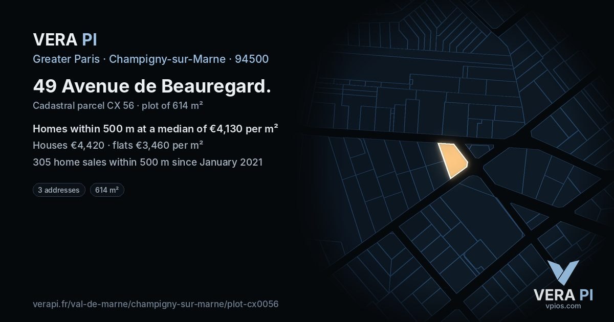 49 Avenue de Beauregard, Champigny-sur-Marne at night – the plot lit, the parcels around coloured by the prices near them