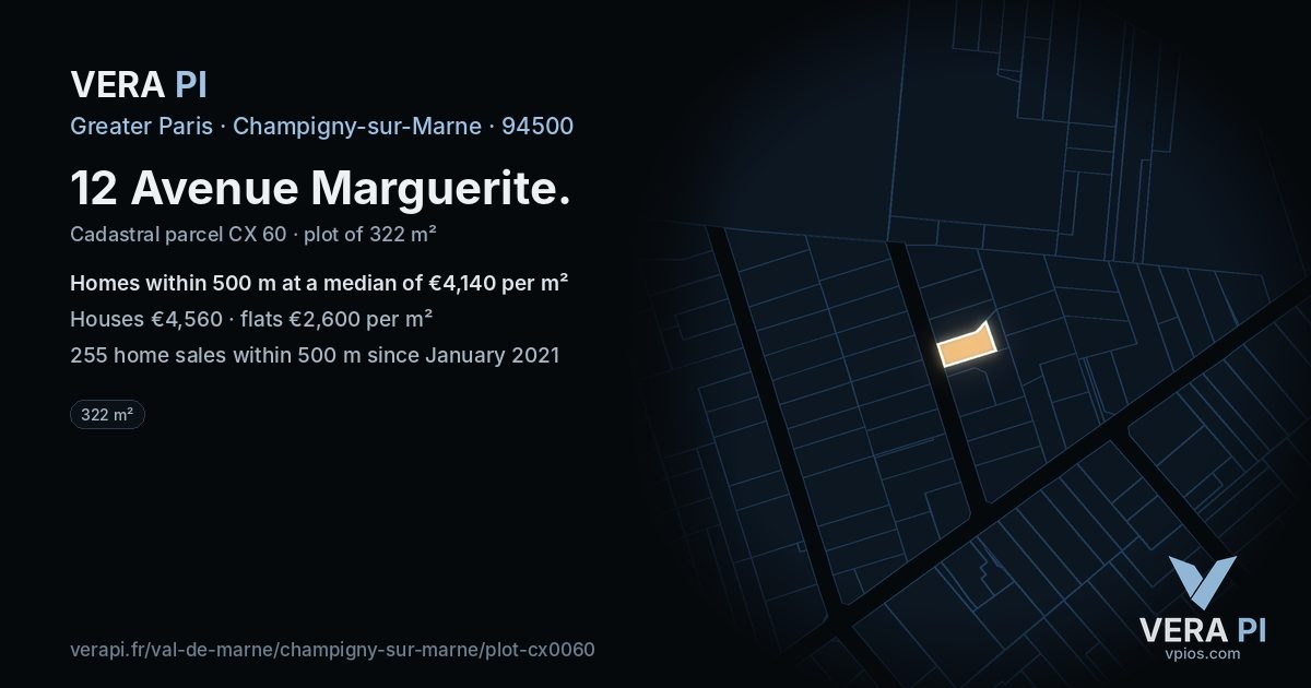 12 Avenue Marguerite, Champigny-sur-Marne at night – the plot lit, the parcels around coloured by the prices near them