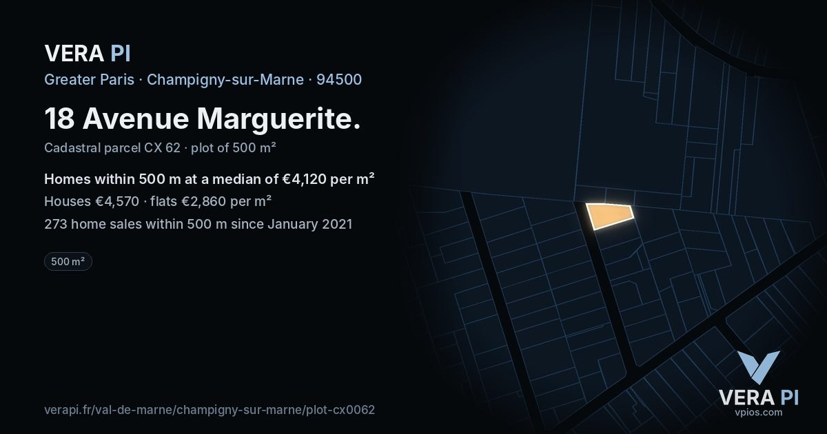18 Avenue Marguerite, Champigny-sur-Marne at night – the plot lit, the parcels around coloured by the prices near them