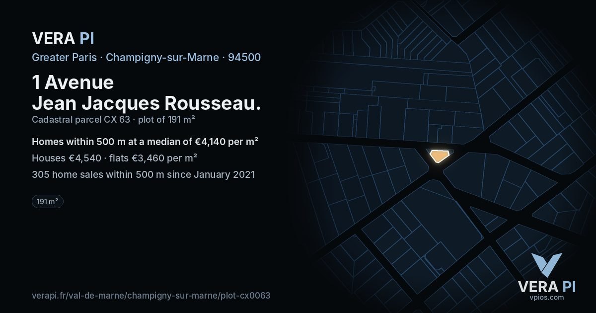 1 Avenue Jean Jacques Rousseau, Champigny-sur-Marne at night – the plot lit, the parcels around coloured by the prices near them