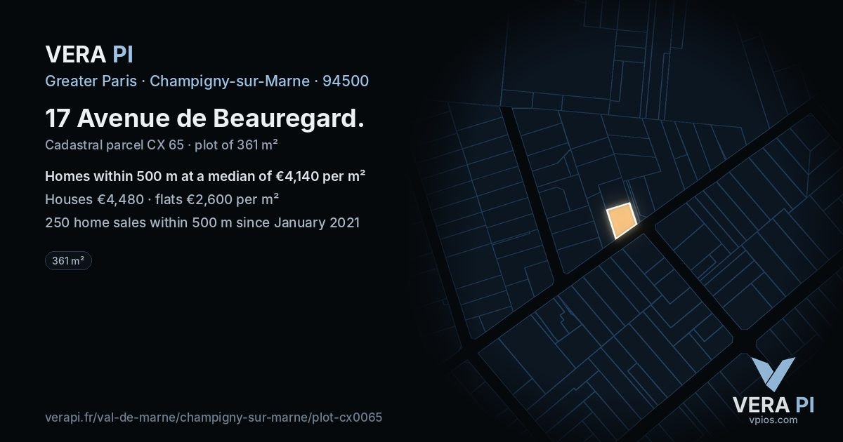 17 Avenue de Beauregard, Champigny-sur-Marne at night – the plot lit, the parcels around coloured by the prices near them
