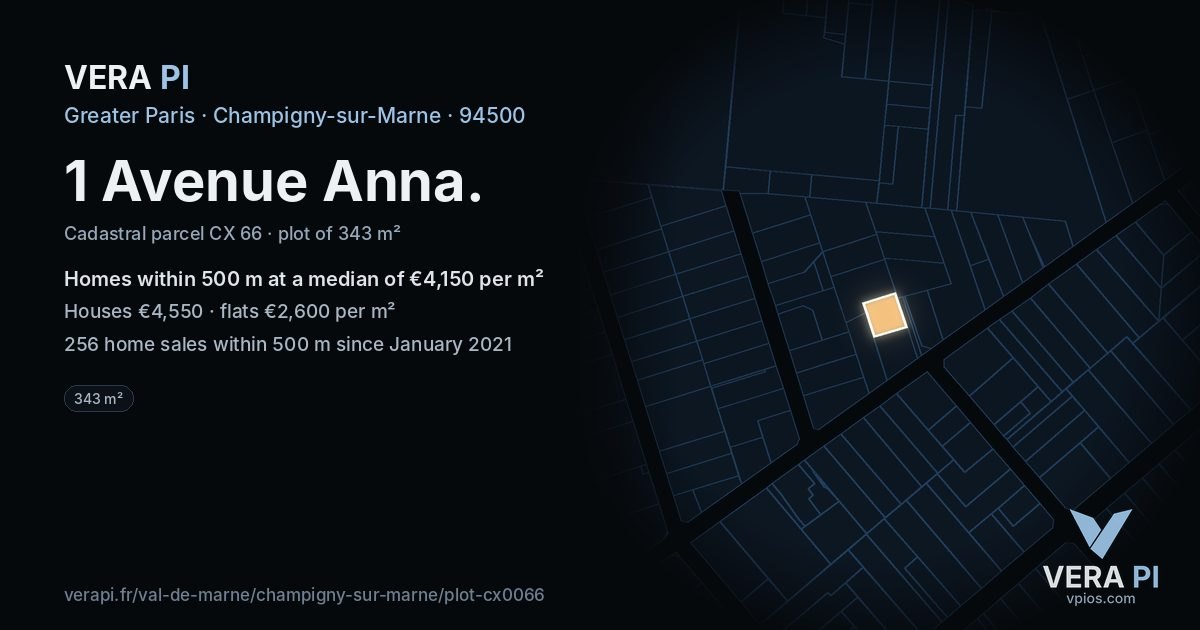1 Avenue Anna, Champigny-sur-Marne at night – the plot lit, the parcels around coloured by the prices near them
