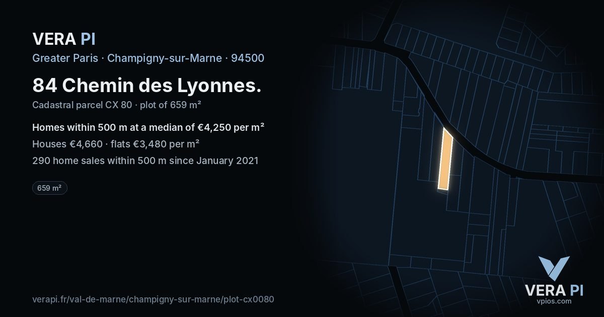 84 Chemin des Lyonnes, Champigny-sur-Marne at night – the plot lit, the parcels around coloured by the prices near them