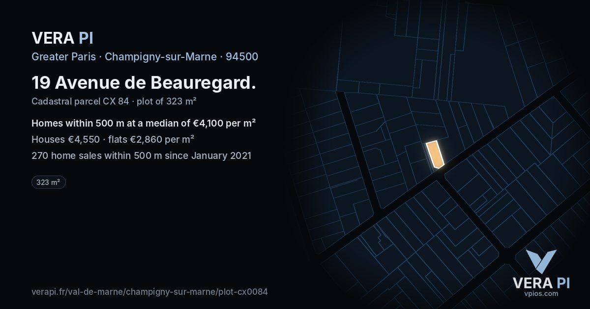 19 Avenue de Beauregard, Champigny-sur-Marne at night – the plot lit, the parcels around coloured by the prices near them
