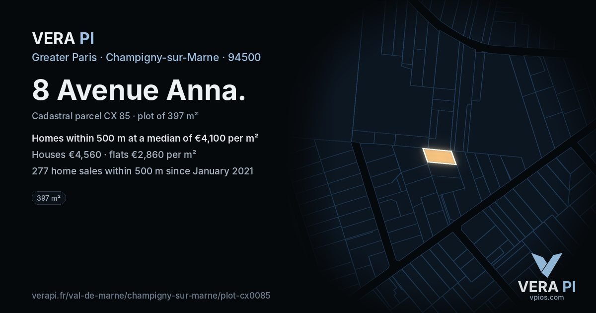 8 Avenue Anna, Champigny-sur-Marne at night – the plot lit, the parcels around coloured by the prices near them