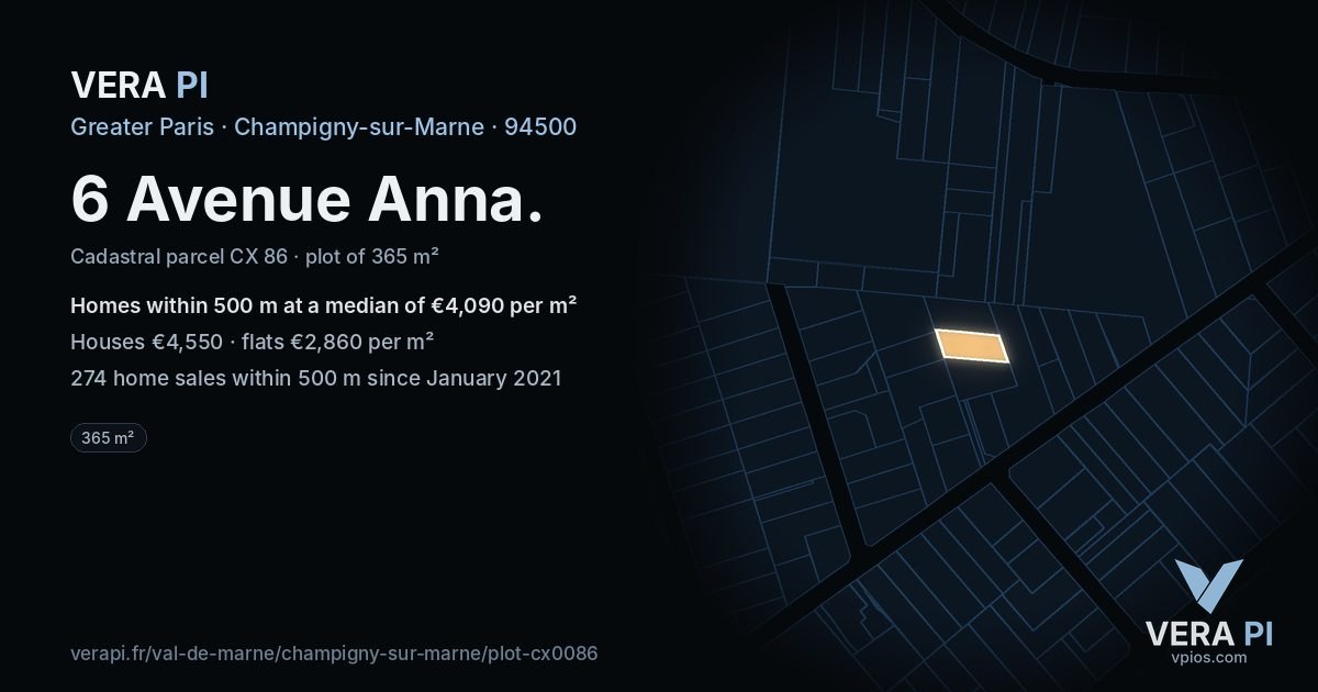 6 Avenue Anna, Champigny-sur-Marne at night – the plot lit, the parcels around coloured by the prices near them