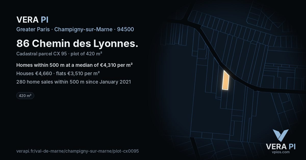 86 Chemin des Lyonnes, Champigny-sur-Marne at night – the plot lit, the parcels around coloured by the prices near them