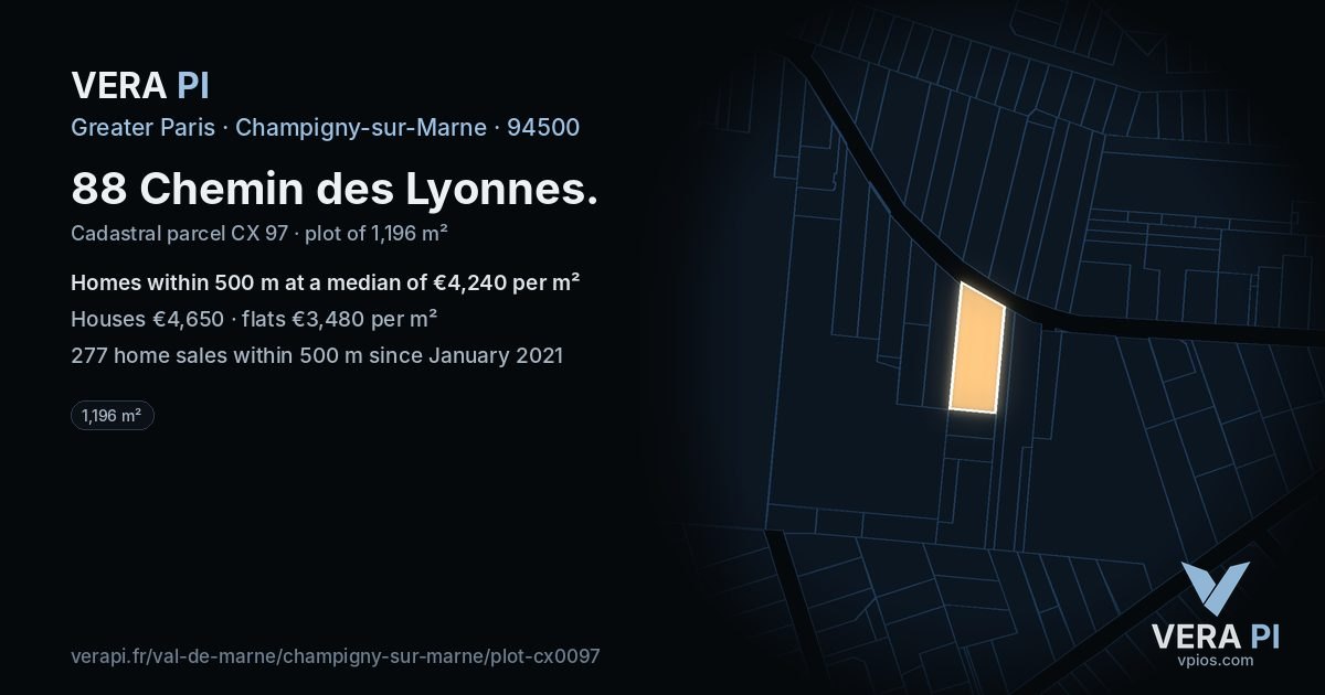 88 Chemin des Lyonnes, Champigny-sur-Marne at night – the plot lit, the parcels around coloured by the prices near them
