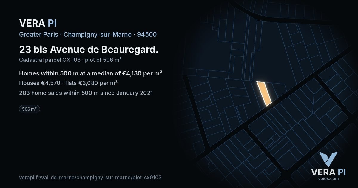 23 bis Avenue de Beauregard, Champigny-sur-Marne at night – the plot lit, the parcels around coloured by the prices near them