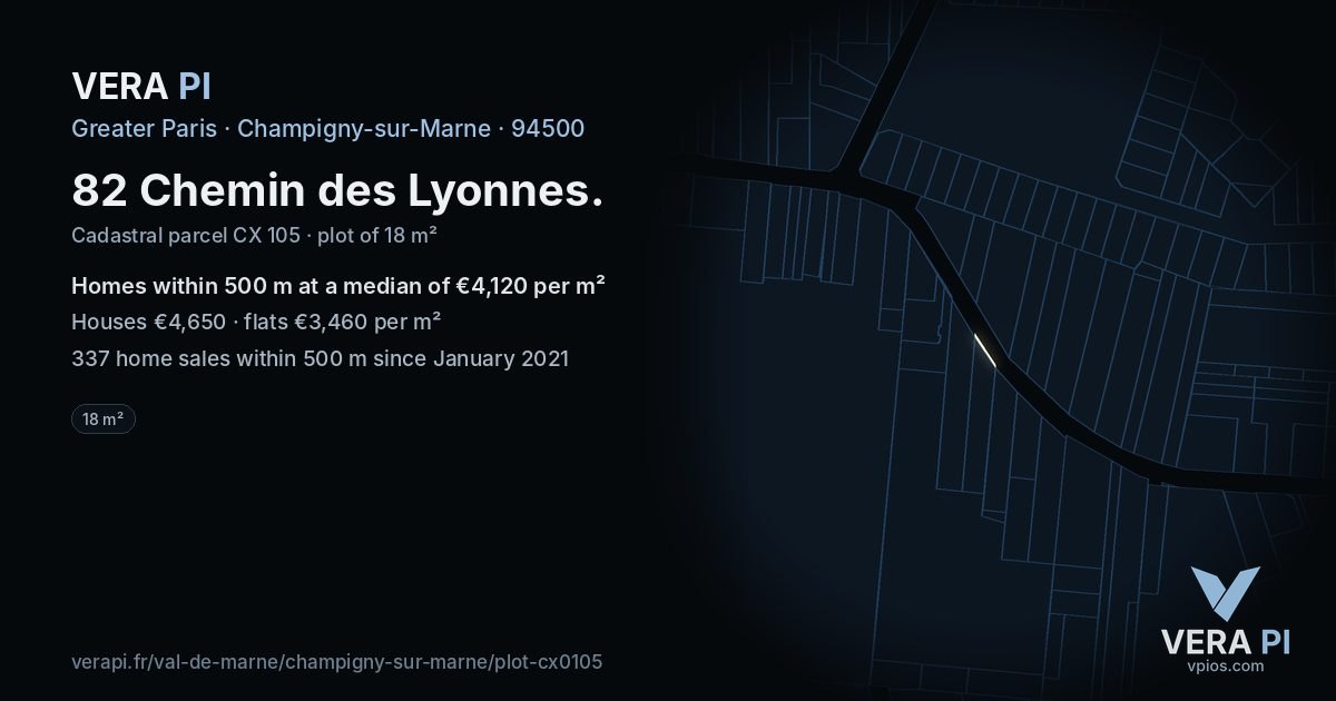 82 Chemin des Lyonnes, Champigny-sur-Marne at night – the plot lit, the parcels around coloured by the prices near them