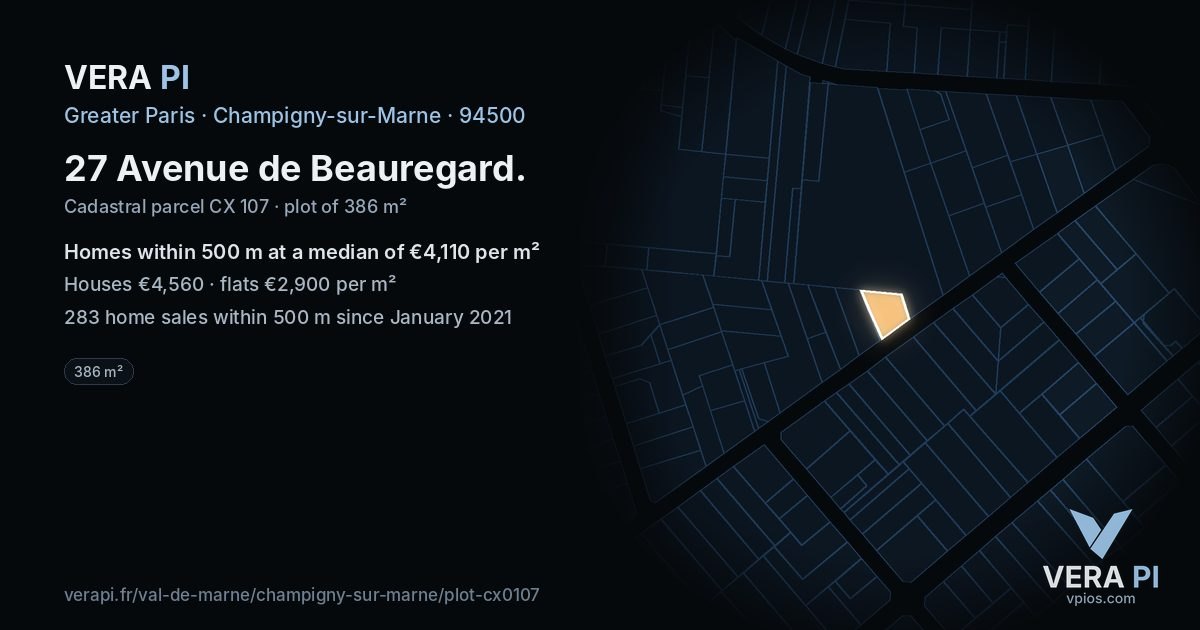 27 Avenue de Beauregard, Champigny-sur-Marne at night – the plot lit, the parcels around coloured by the prices near them